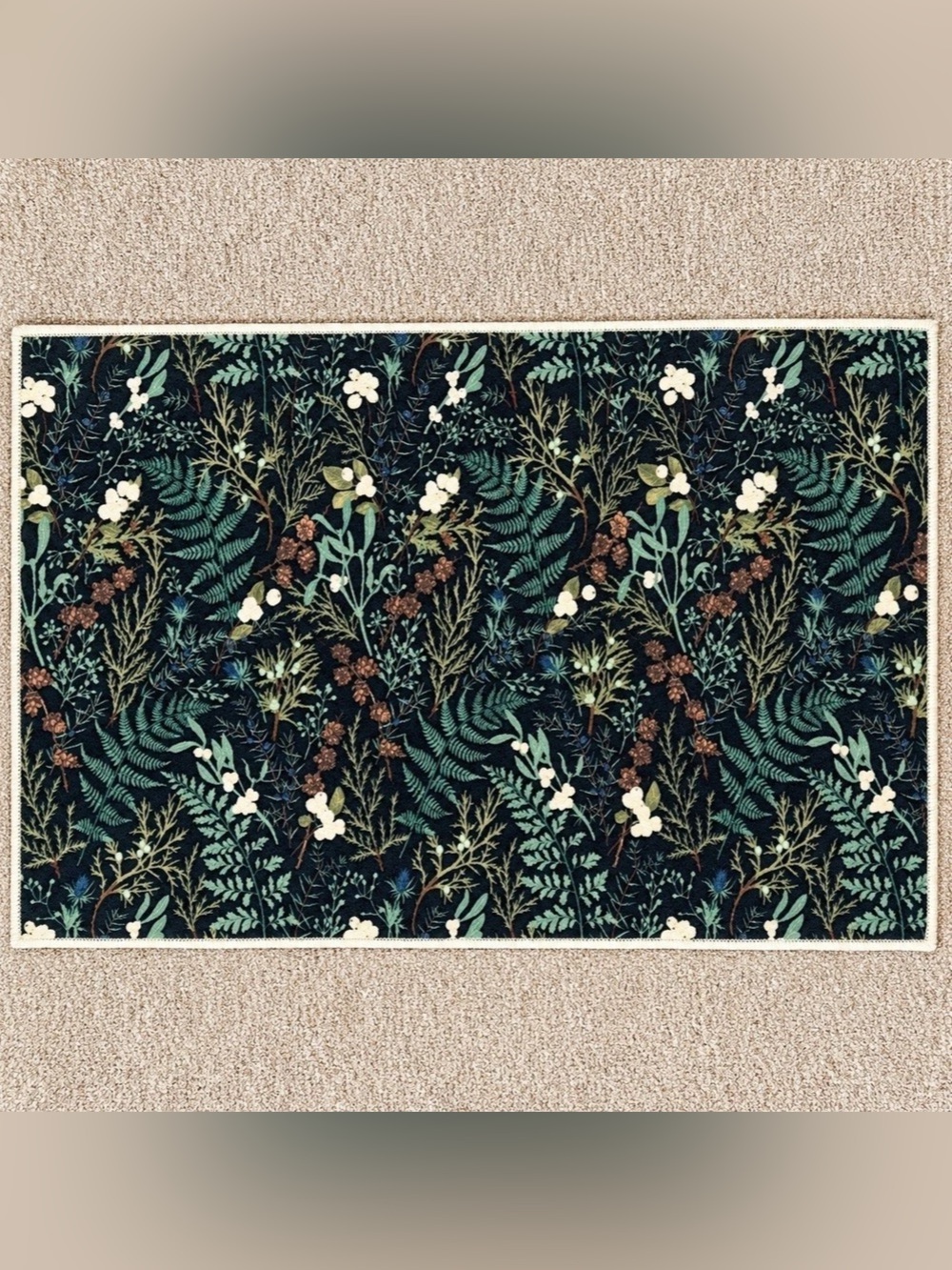 Botanical Forest Print Low Pile Accent Rug 17” x 29” Green Black Cottagecore
